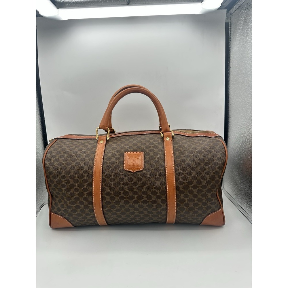 Celine | Brown Macadam Triomphe Canvas Medium Travel Overnight Duffle Bag